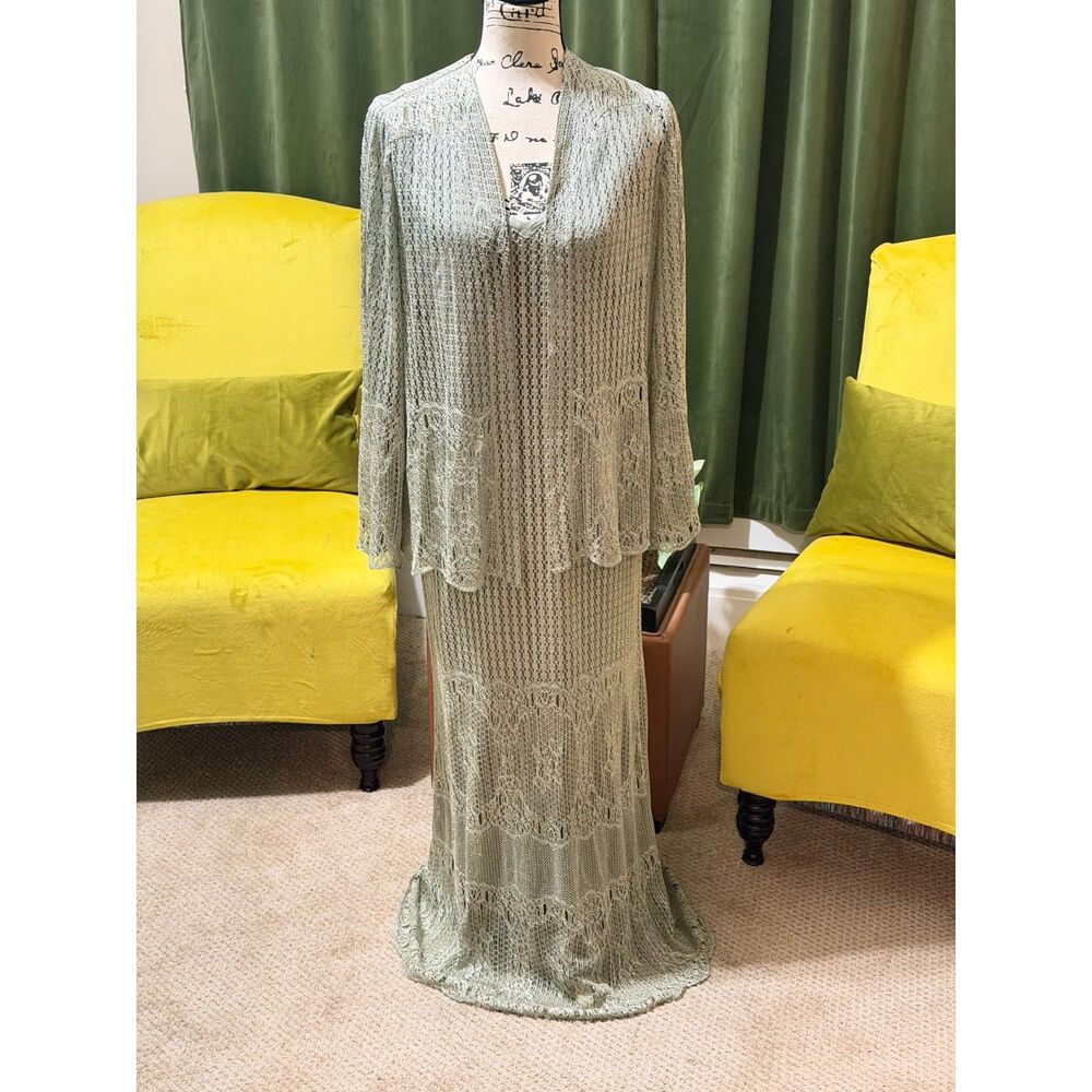 Vintage Damainou Metallic Knit Evening Set – Maxi Dress & Jacket Sage Silver, M